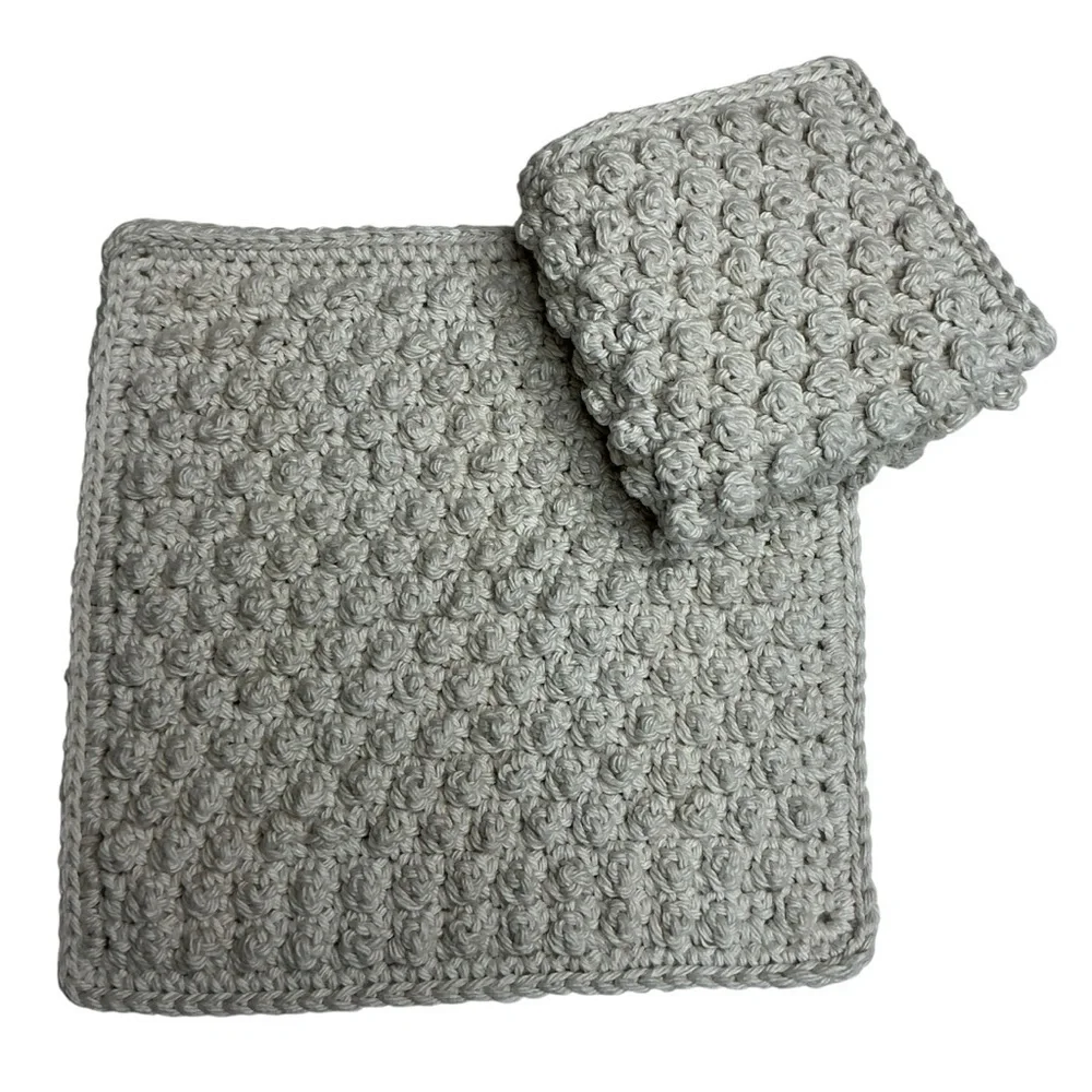 Pair of Crochet Dotty Dishcloth Washcloths Cream Cotton Handcrafted‎ Handmade